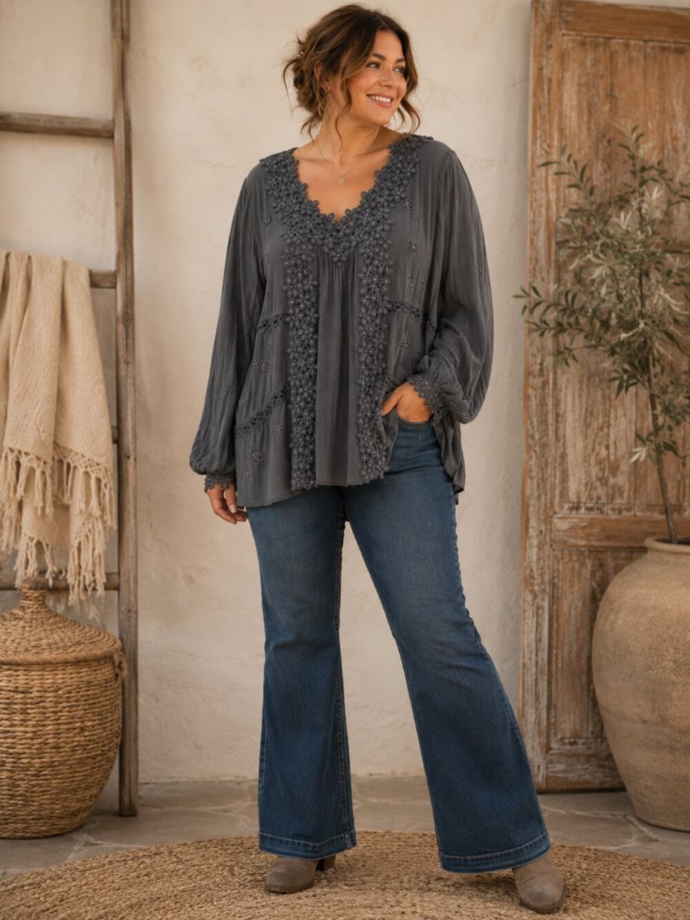 POL Floral Lace Appliqué Tunic Top 2X Gray Oversized Boho Lagenlook Blouse